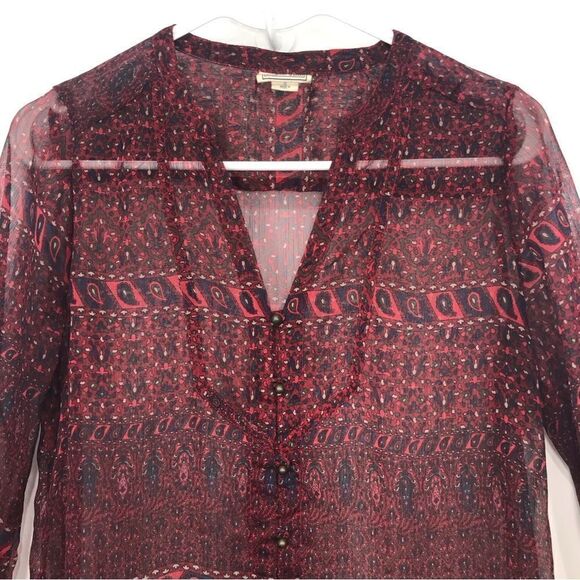 Converse One Star Burgundy Paisley Print Semi Sheer Button Up Tunic Blouse - Picture 3 of 16